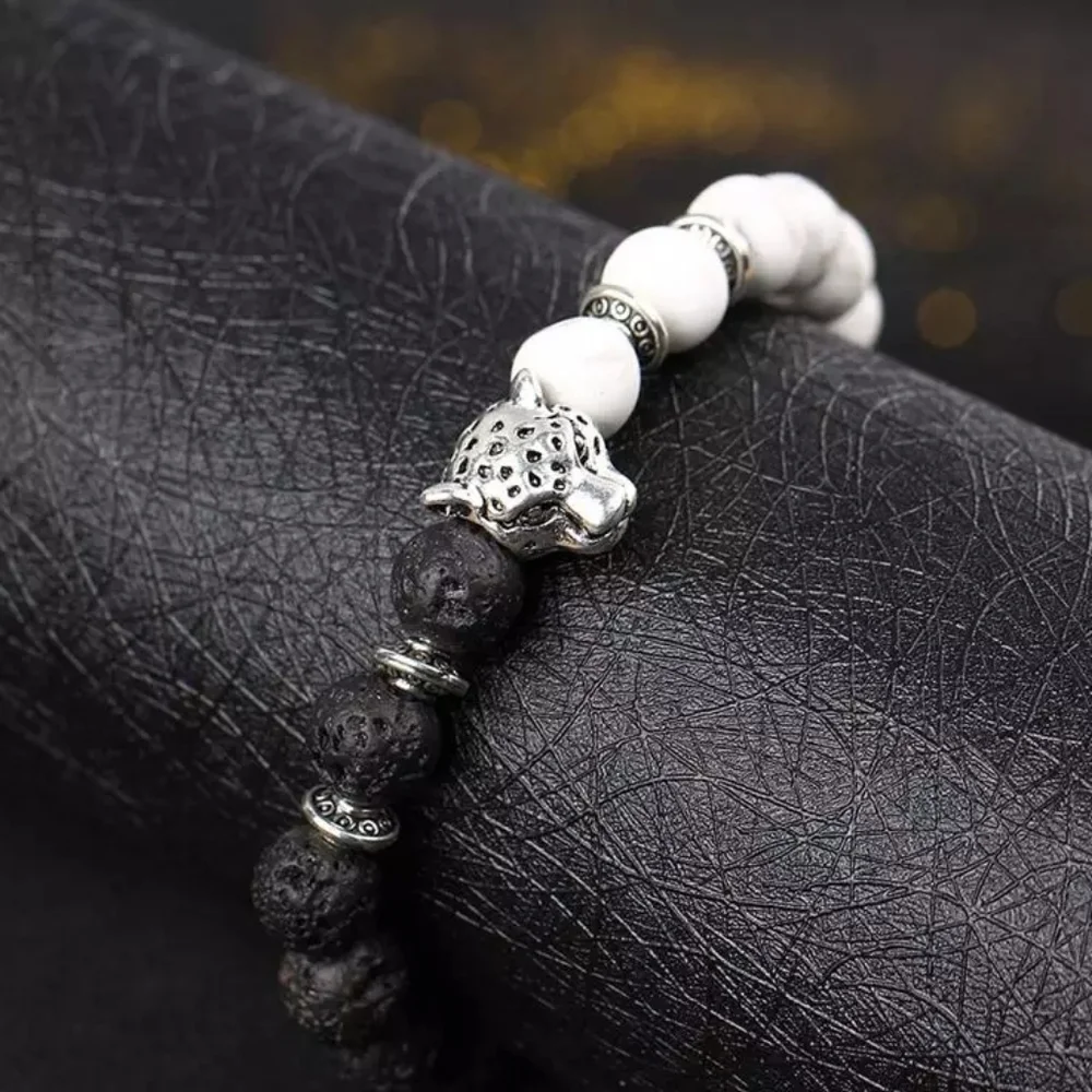 Lava Stone Pearl Marble Beaded Leopard Cat Bracelet